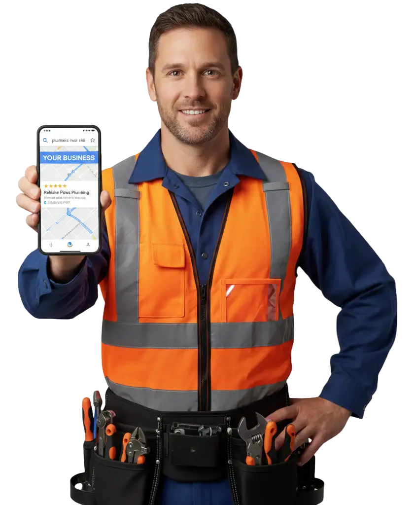 Houston plumber using smartphone to manage business calls and appointments - representing local businesses getting found online